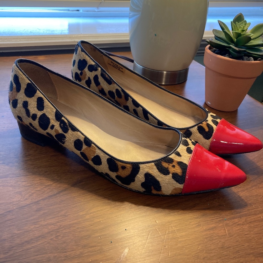 kate spade Leopard Print Pointed Toe Flats with Red Cap Toe